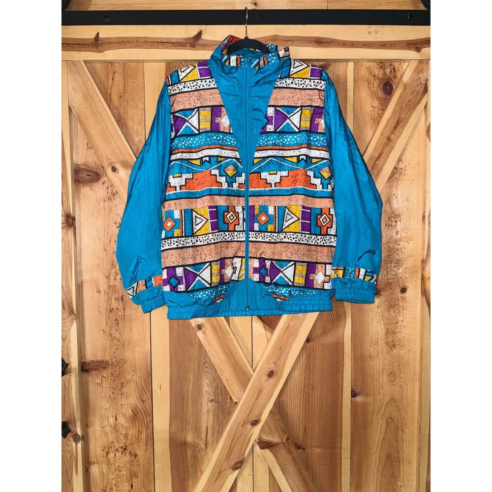 80/90s Vtg Teal Colorblock Pattern Windbreaker Track Jacket Women's Sm Retro